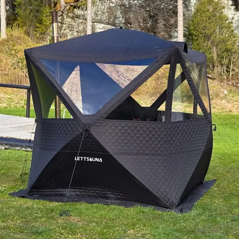 Badstutelt Ellingsvik. Ink. Vedovn, badstustein og termometer